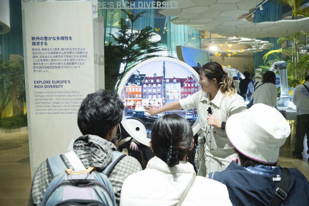 Visitors testing features of the EU Pavilion